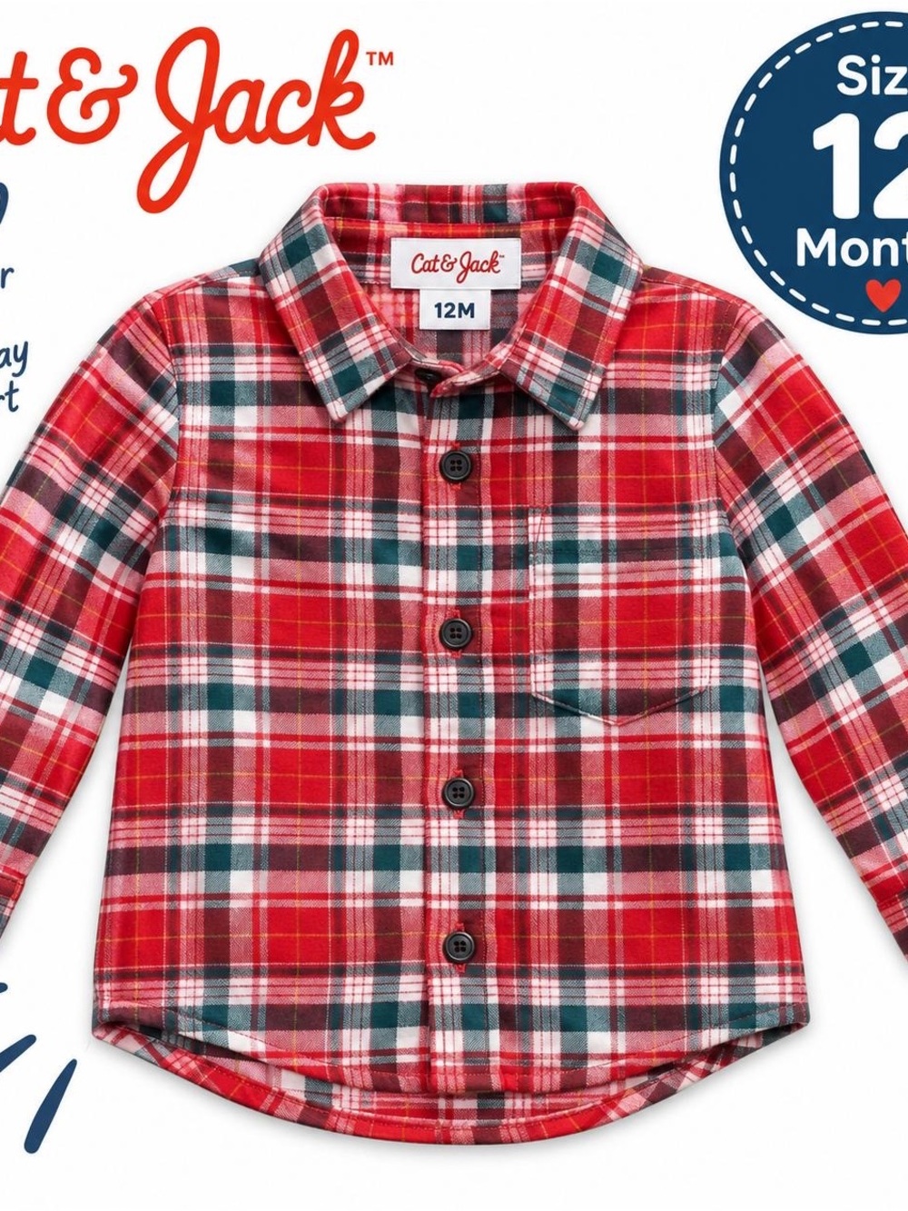 Cat & Jack Red and Green Plaid Button-Front Shirt